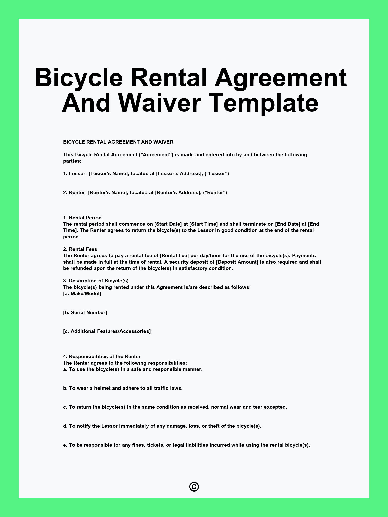 Bicycle Rental Agreement And Waiver Template