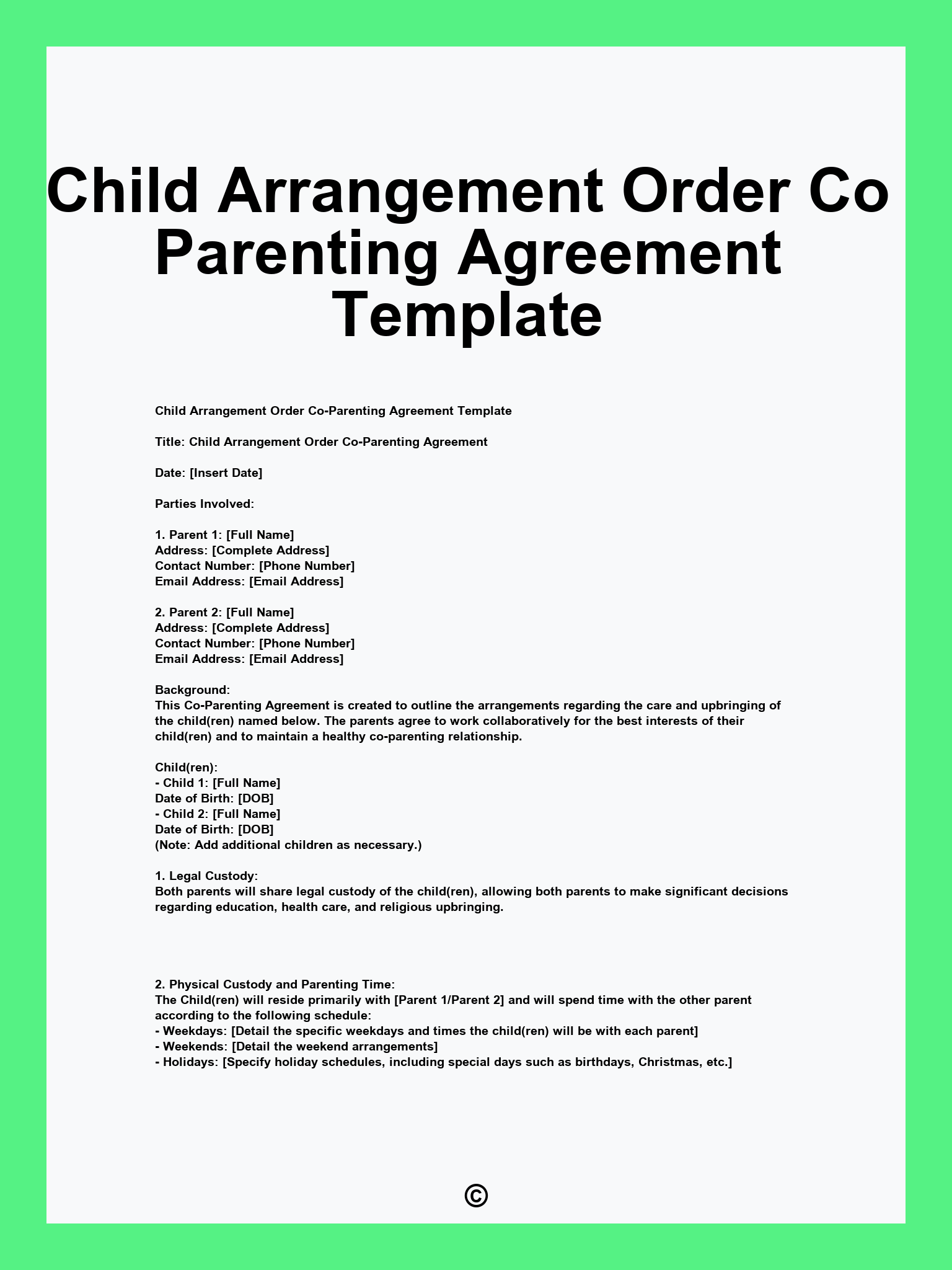 Child Arrangement Order Co Parenting Agreement Template