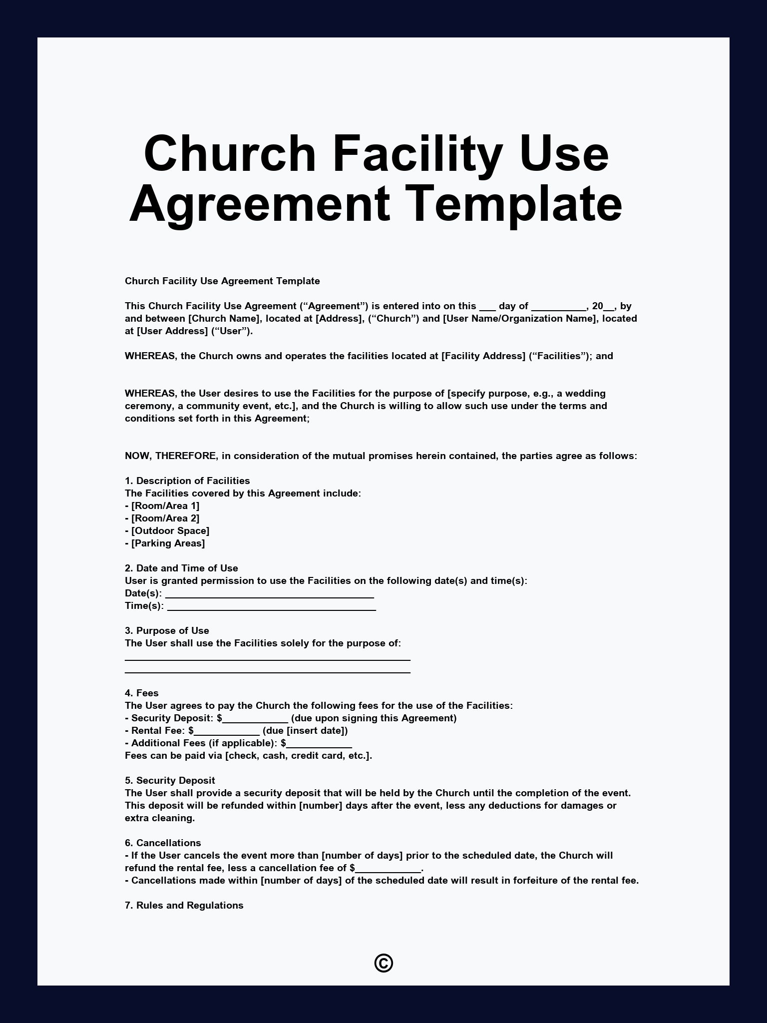 Church Facility Use Agreement Template
