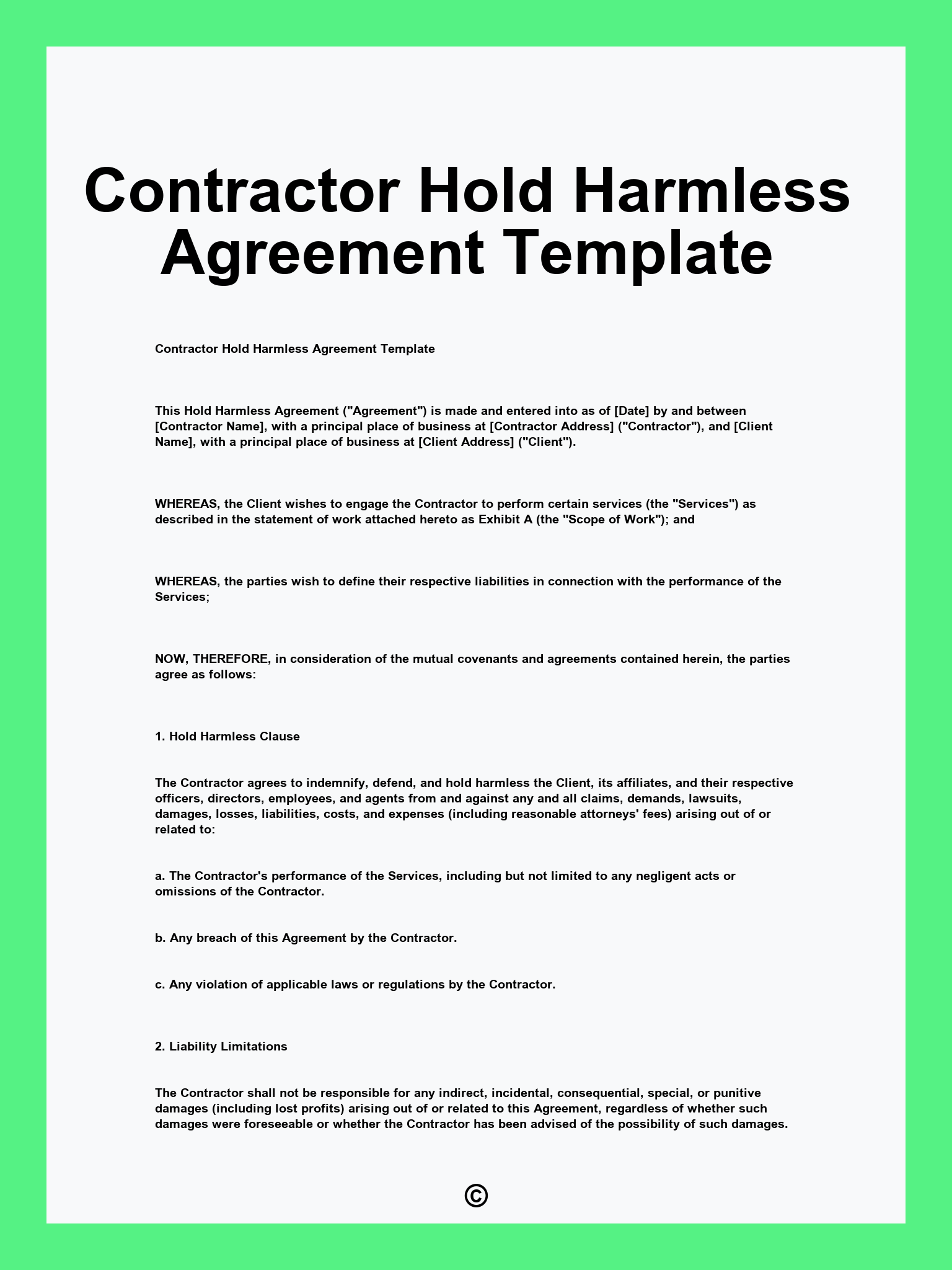 Contractor Hold Harmless Agreement Template Contractor Hold Harmless Agreement Template