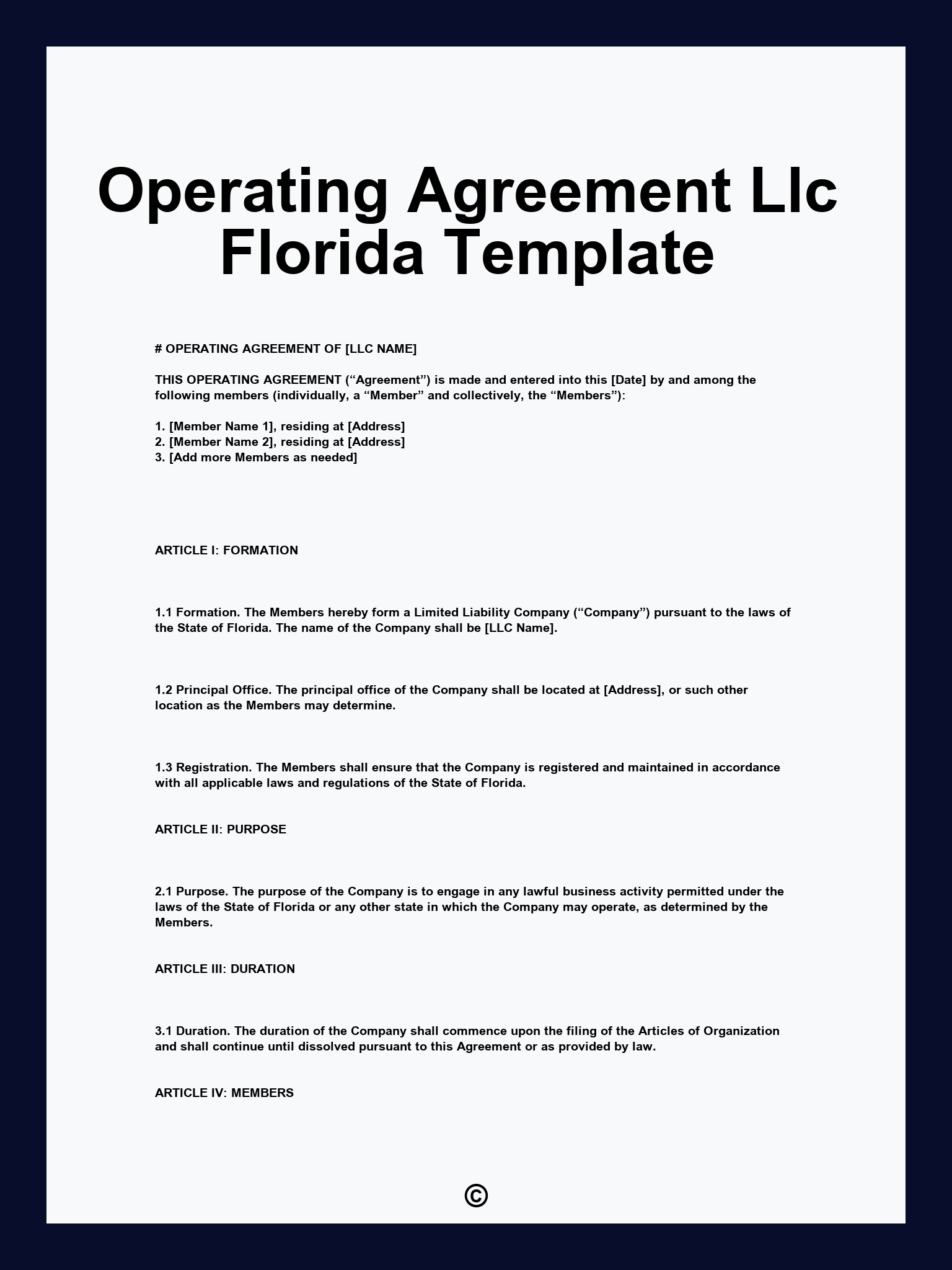 Operating Agreement Llc Florida Template