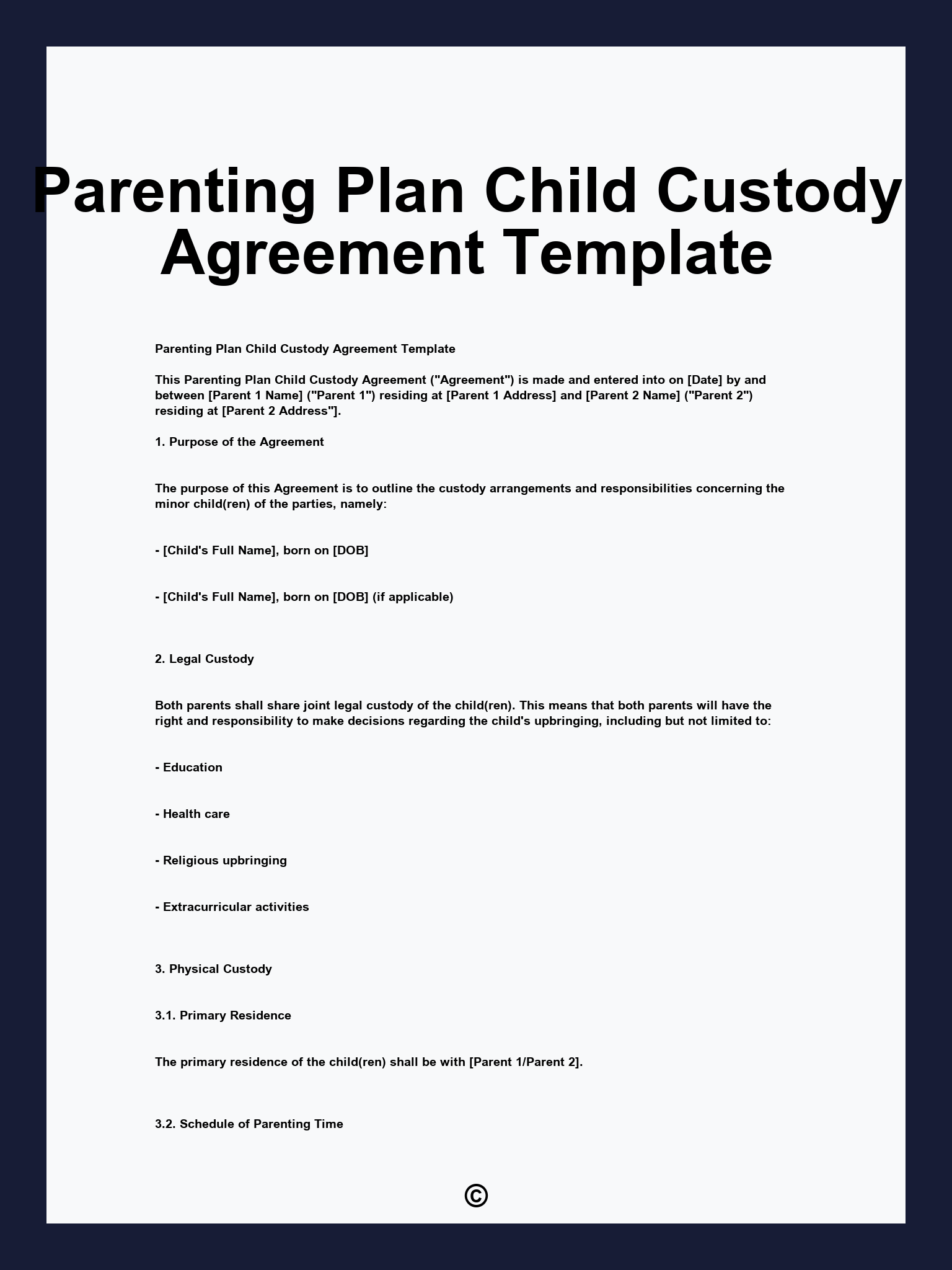 Parenting Plan Child Custody Agreement Template