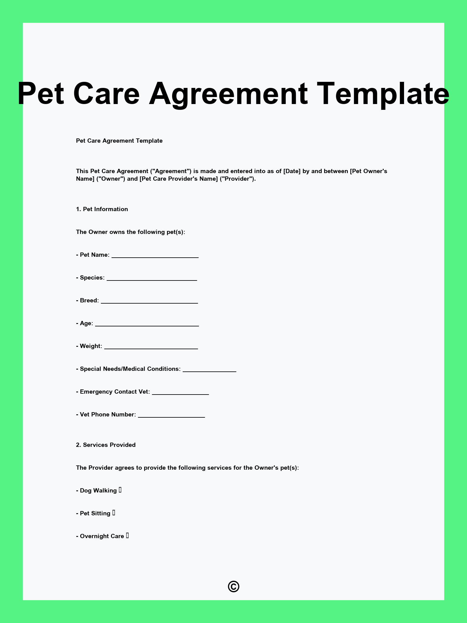 Pet Care Agreement Template