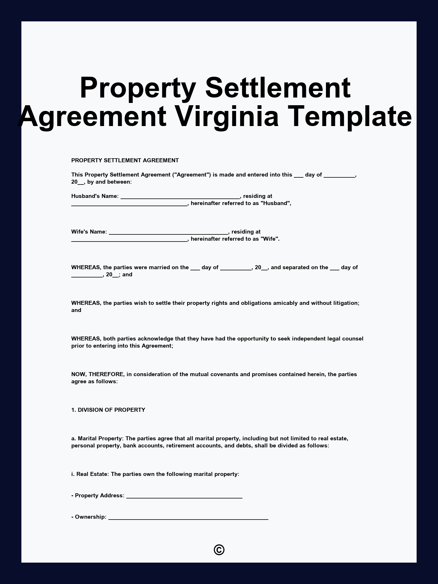 Property Settlement Agreement Virginia Template